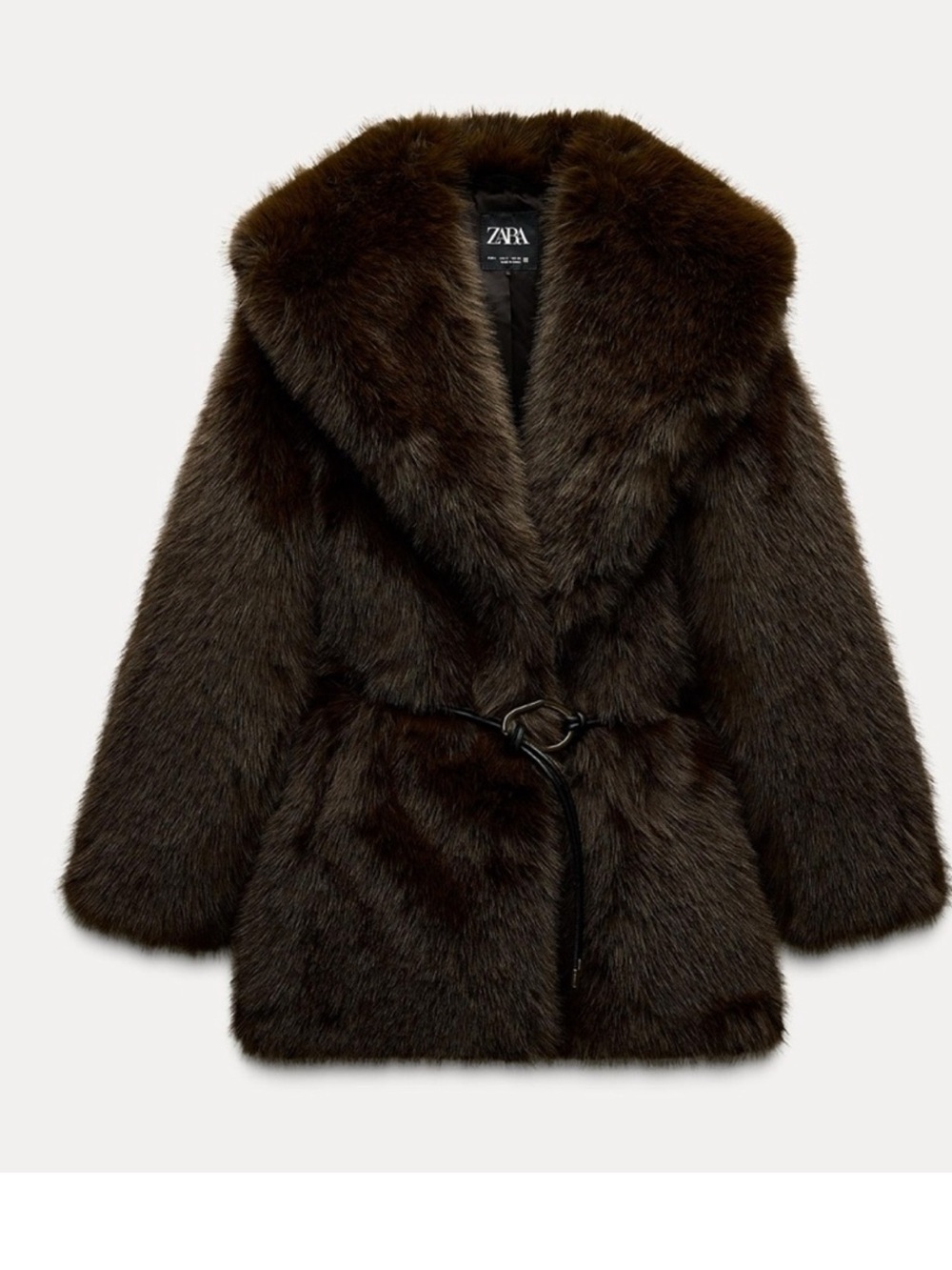 Zara Faux-Fur Teddy Coat in Dark Brown with Belt Detail